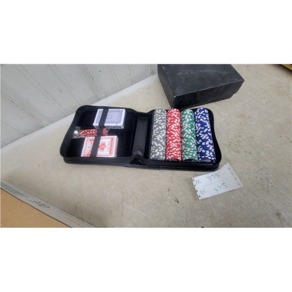 Portable Poker Set with Chips, Two Decks of Plastic Coated Playing Cards, and Dice in Case New