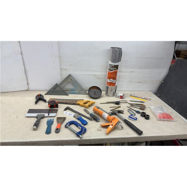 Assorted Hand Tools, Speed Squares, Spade Bits, C-Clamp, Hand Saw, Putty Knives, 10 ft X 20" Roll