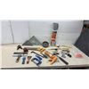 Image 1 : Assorted Hand Tools, Speed Squares, Spade Bits, C-Clamp, Hand Saw, Putty Knives, 10 ft X 20" Roll