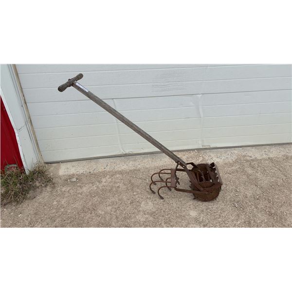 Vintage Hand-Push Garden Cultivator with Rotary Blades and Wooden T-Handle