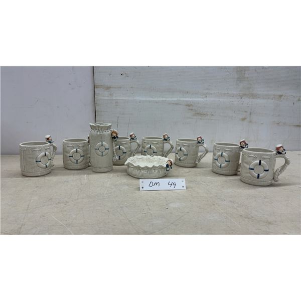 Nautical-Themed Ceramic Mug Set with Sailor Figurines, Vase, and Dish, Nine Pieces