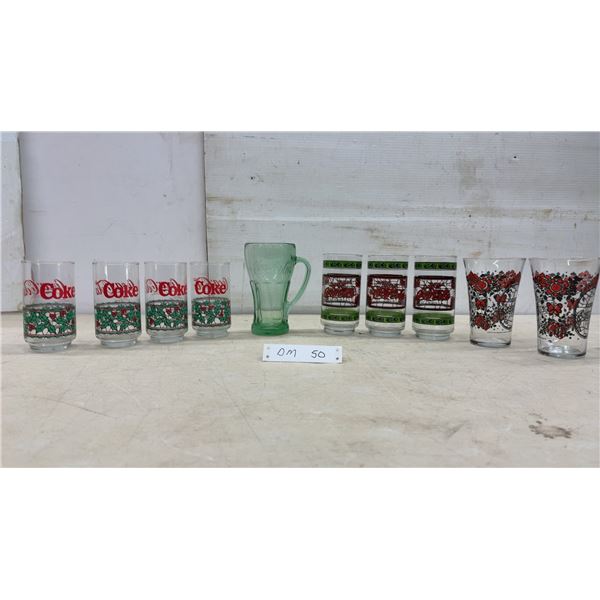 Vintage Coca-Cola Holiday Tumblers, Green Pitcher, and Promotional Glasses