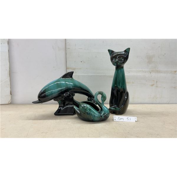 Blue Mountain Pottery Drip Glaze Cat, Dolphin, and Swan Figurines, Tallest 15"