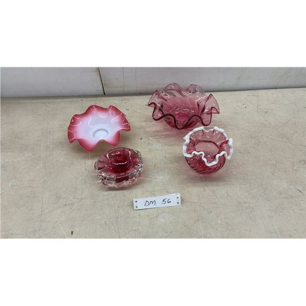Cranberry Style Opalescent Ruffled Bowl, Art Glass Vase, and Dishes, Four Pieces