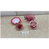 Image 1 : Cranberry Style Opalescent Ruffled Bowl, Art Glass Vase, and Dishes, Four Pieces