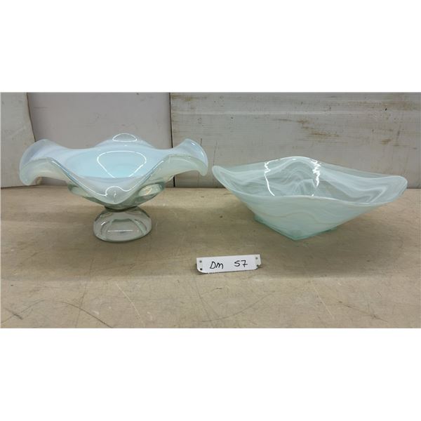 Two Opalescent Art Glass Bowls, Ruffled Pedestal and Square Wavy Edge