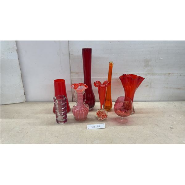 Collection of Red and Orange Art Glass Vases, Tallest 13 1/2"
