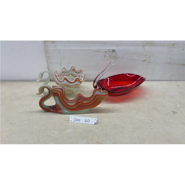 Art Glass Swan Dishes, Swirled Orange and White with Red Largest 10 x 14 x 8"