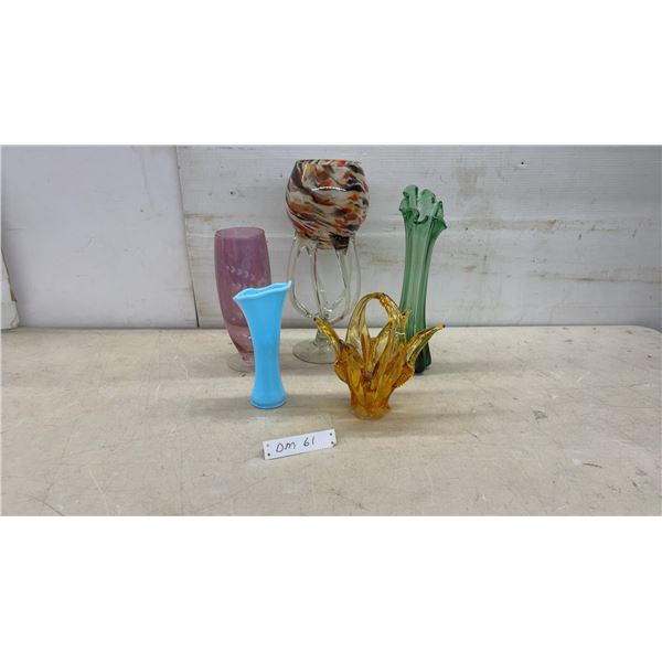 Collection of Five Art Glass Vases, Tallest 15" and Basket in Assorted Colors and Styles