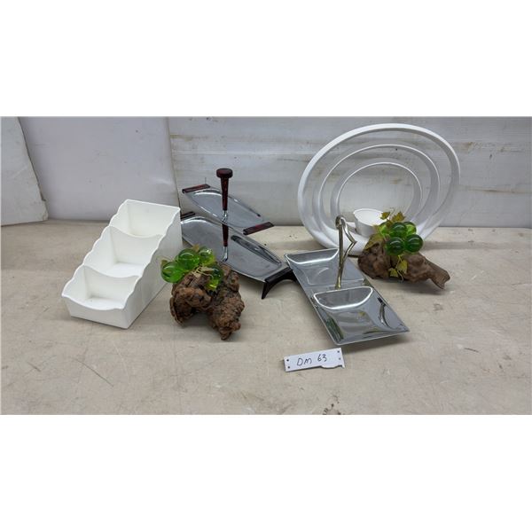 White Concentric Oval Ring Sculpture, Chrome Tiered Serving Trays, Vintage Acrylic Grapes & More