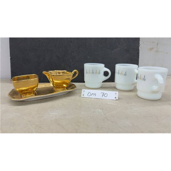 3 Fire-King Candle Glow Stackable Mugs and Gilded Creamer Sugar Bowl Set with Tray
