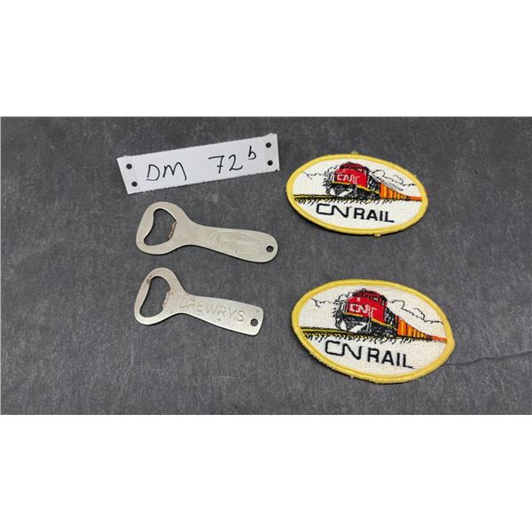 Labatt's and Drewrys Bottle Openers and 2 CN Rail Embroidered Patches