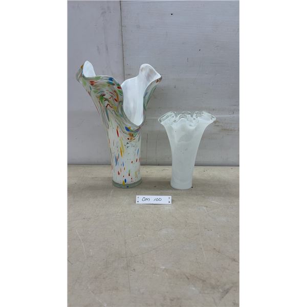 Two Murano-Style Art Glass Vases with Ruffled Rims, White and Multicolor Confetti, Tallest 16"