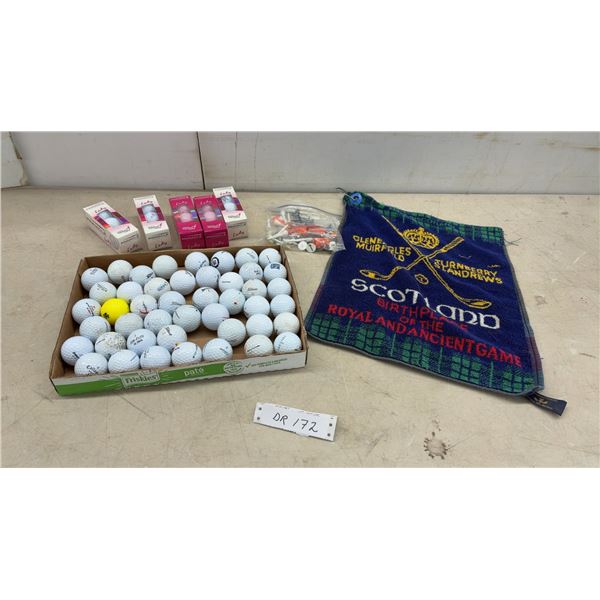 5 New Pkgs Pinnacle Lady Golf Balls, Scotland Golf Towel, Assorted 45 Used Golf Balls, Tees, and