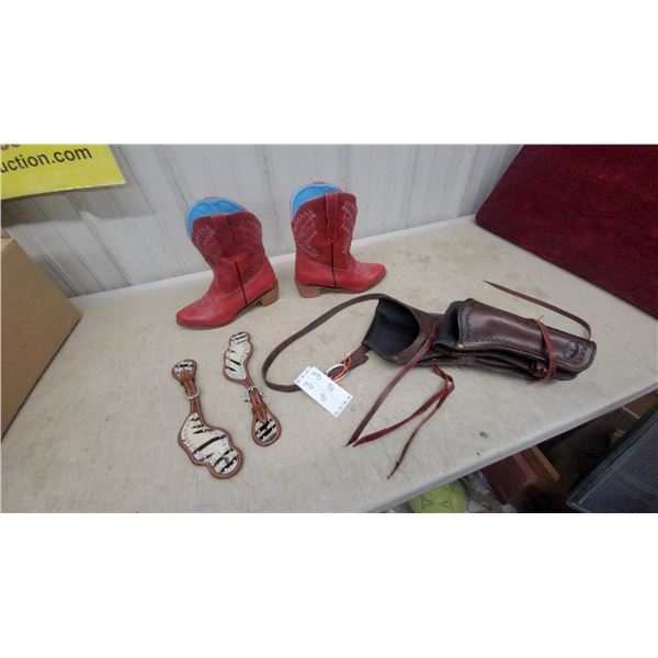 Red Leather Cowgirl Boots with Blue Lining, Leather Gun Holster, and Spur Straps