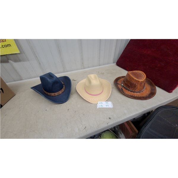 Lot of Three Cowboy Hats: Blue Denum Fabric, Straw, and Tooled Leather