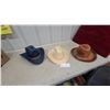 Image 1 : Lot of Three Cowboy Hats: Blue Denum Fabric, Straw, and Tooled Leather