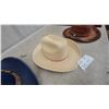 Image 3 : Lot of Three Cowboy Hats: Blue Denum Fabric, Straw, and Tooled Leather
