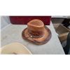 Image 4 : Lot of Three Cowboy Hats: Blue Denum Fabric, Straw, and Tooled Leather