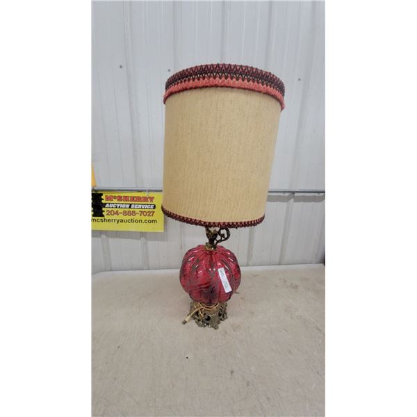 Vintage Red Ribbed Glass Table Lamp with Ornate Brass Base and Fabric Drum Shade MCM