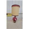 Image 1 : Vintage Red Ribbed Glass Table Lamp with Ornate Brass Base and Fabric Drum Shade MCM