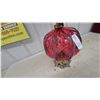 Image 3 : Vintage Red Ribbed Glass Table Lamp with Ornate Brass Base and Fabric Drum Shade MCM