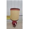 Image 5 : Vintage Red Ribbed Glass Table Lamp with Ornate Brass Base and Fabric Drum Shade MCM