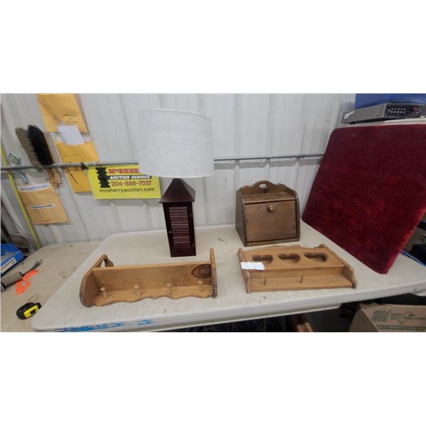 Wooden Wall Shelves, Primitive Storage Box, Louvered Table Lamp, and More