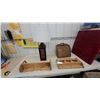 Image 1 : Wooden Wall Shelves, Primitive Storage Box, Louvered Table Lamp, and More