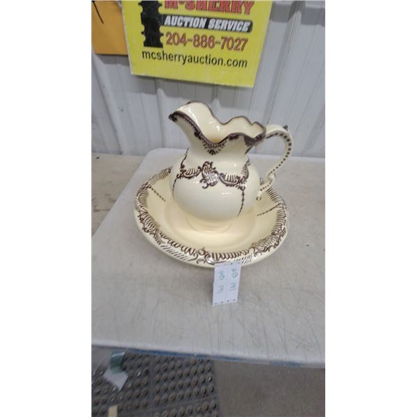 Cream and Brown Ceramic Wash Basin and Pitcher Set