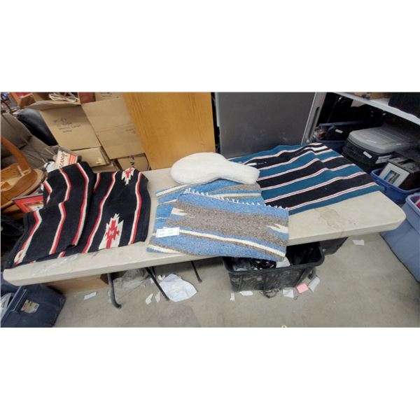 Southwestern Style Woven Horse Blankets in Black, Red, White, and Blue with Geometric Patterns