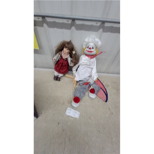Porcelain Doll with Curly Brown Hair and Chef Clown Marionette Puppet