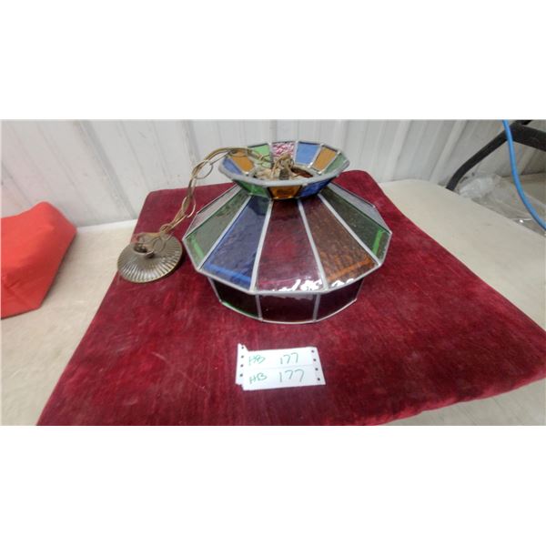 Multicolored Stained Glass Pendant Light with Brass-Tone Chain and Fluted Canopy 12" at Base