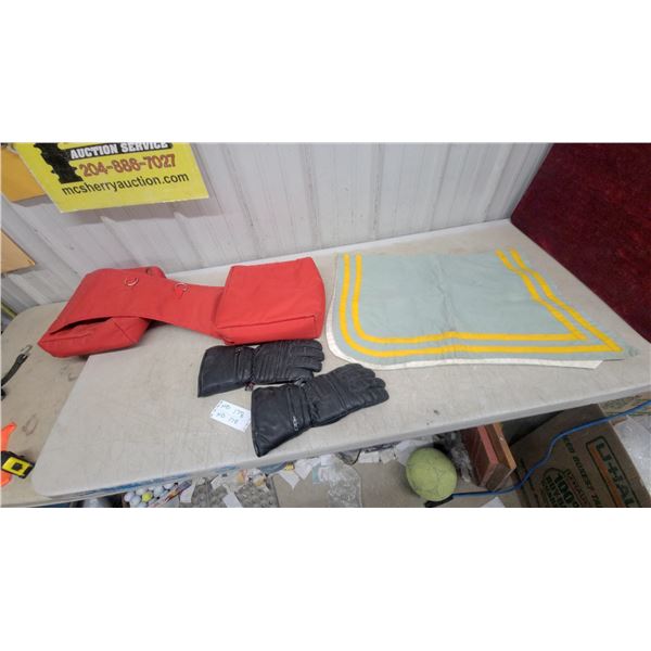 Black Leather Gauntlet Motorcycle Gloves, Red Saddlebag, and Striped Saddle Blanket