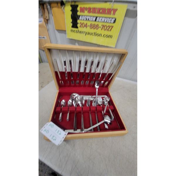 Stainless Steel Flatware Set in Wooden Case with Red Felt Interior and Serving Utensils