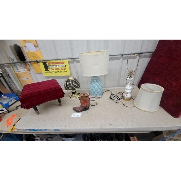 Red Velvet Tufted Ottoman, Cowboy Boot Vase Blue Glass Lamp, and More