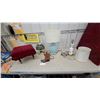 Image 1 : Red Velvet Tufted Ottoman, Cowboy Boot Vase Blue Glass Lamp, and More