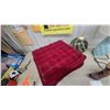 Image 2 : Red Velvet Tufted Ottoman, Cowboy Boot Vase Blue Glass Lamp, and More