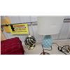 Image 5 : Red Velvet Tufted Ottoman, Cowboy Boot Vase Blue Glass Lamp, and More