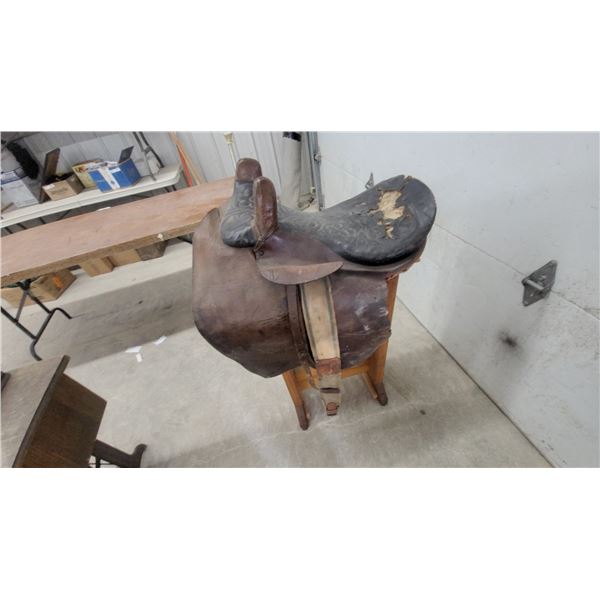 Black Leather Antique Side Saddle. Name Plate on Back is Ascot. 