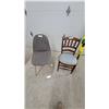 Image 1 : Modern Gray Upholstered Dining Chair and Antique Carved Wooden Chair with Quatrefoil Motifs