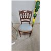 Image 2 : Modern Gray Upholstered Dining Chair and Antique Carved Wooden Chair with Quatrefoil Motifs