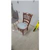 Image 3 : Modern Gray Upholstered Dining Chair and Antique Carved Wooden Chair with Quatrefoil Motifs