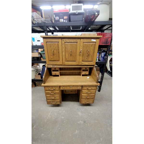Oak Roll-Top Desk with Hutch, Oak Roll Top Multiple Drawers, Desk 69 x 50 x 26" Modern