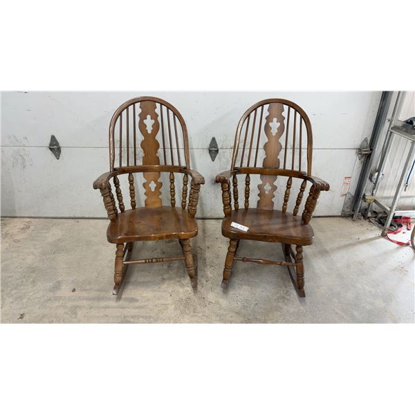 His & Hers, Pair of Windsor Style Bow-Back Wooden Rocking Chairs with Quatrefoil Splat Design