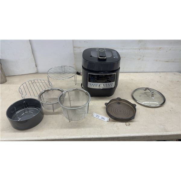 Pampered Chef Deluxe Pressure Cooker with Racks, Baskets, Lids. Base of Unit Missing
