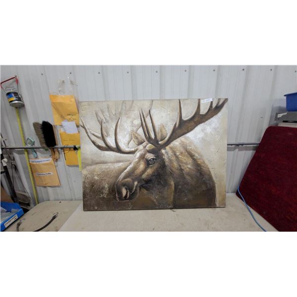 Textured Canvas Painting of Moose with Antlers in Earthy Tones 35.6 x 47"