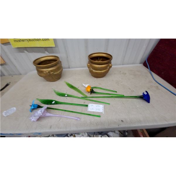 Art Glass Flower Sculptures with Leaves and Pair of Gold-Tone Decorative Pots