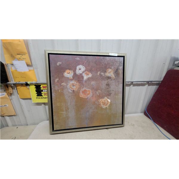 Framed Abstract Floral Painting on Canvas with Gold Floating Frame 34 x 34"