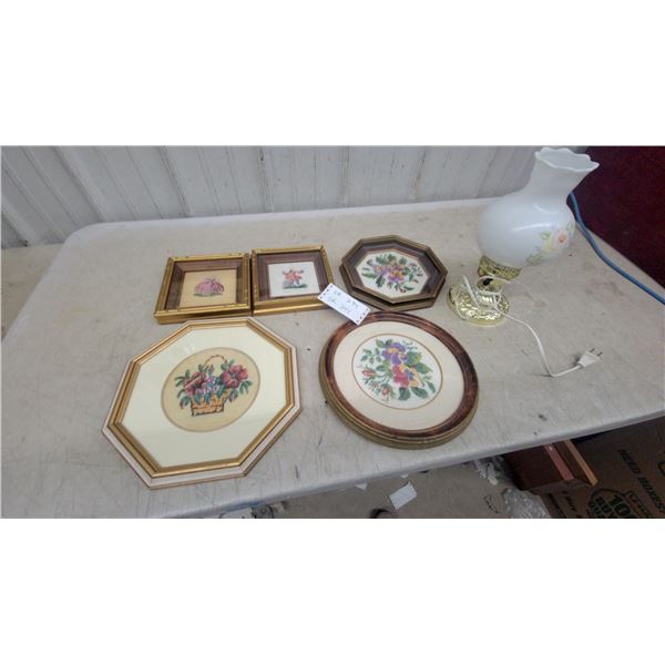 Framed Floral Needlepoint Artwork Collection with Brass Electric Table Lamp